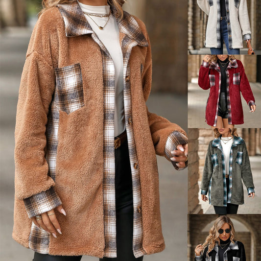 Women's Fashion Single-breasted Lapel Mid-length Plaid Plush Coat