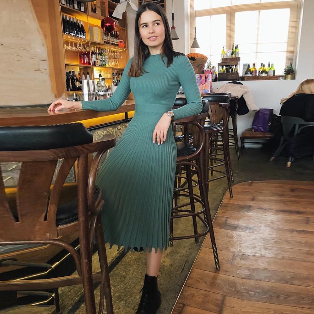 Solid Color Pleated Long Sweater Knitted Dress