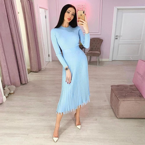 Solid Color Pleated Long Sweater Knitted Dress