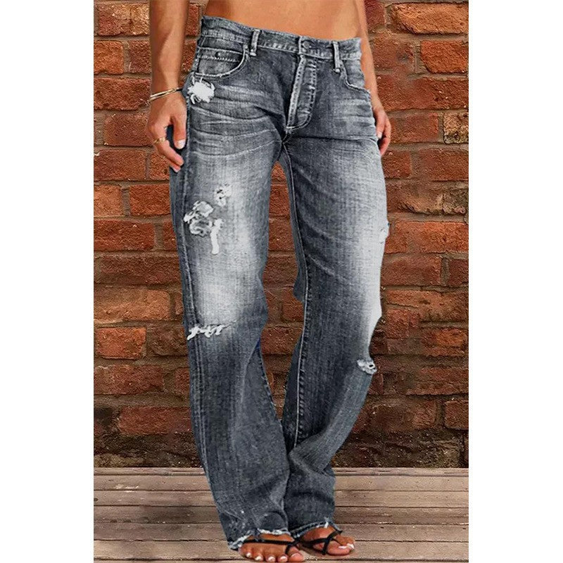 Women's Denim Trend Mid Waist Ripped Leisure Straight-leg Pants