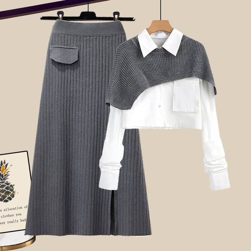 Loose Shawl Shirt High Waist Knit Skirt Three-piece Set Women