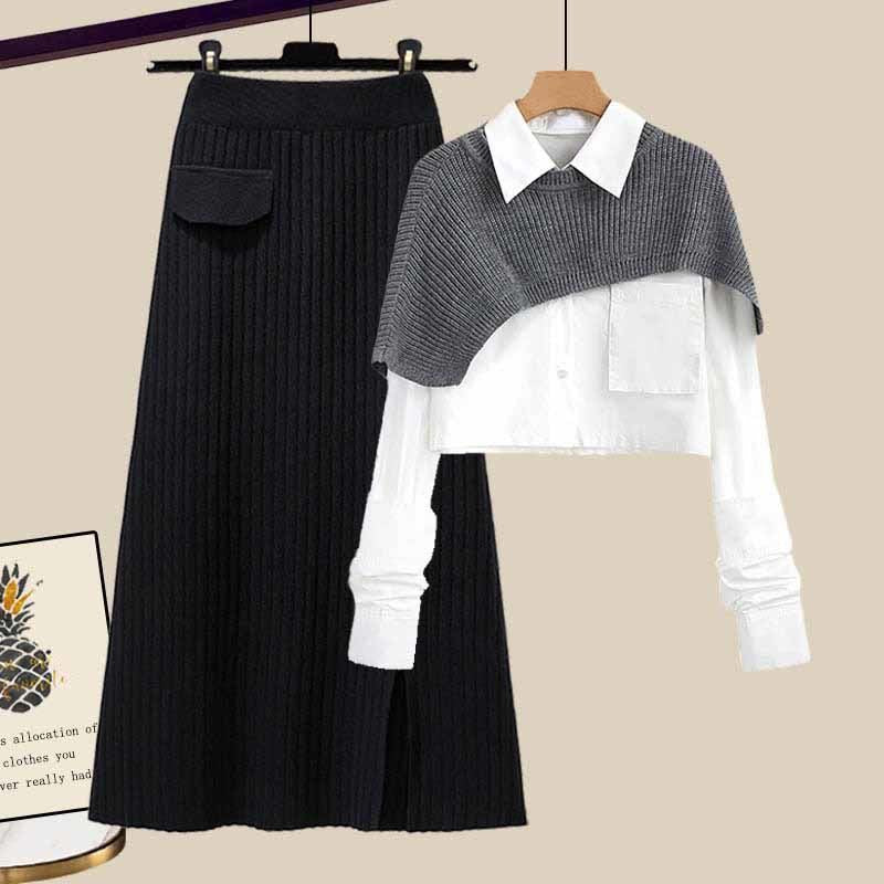 Loose Shawl Shirt High Waist Knit Skirt Three-piece Set Women