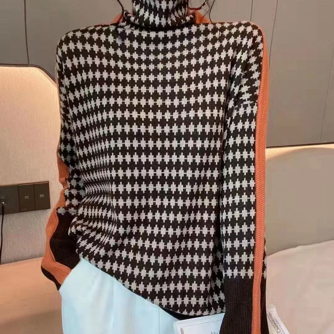 Loose Pile Collar Bottoming Shirt Women's Houndstooth Turtleneck Sweater