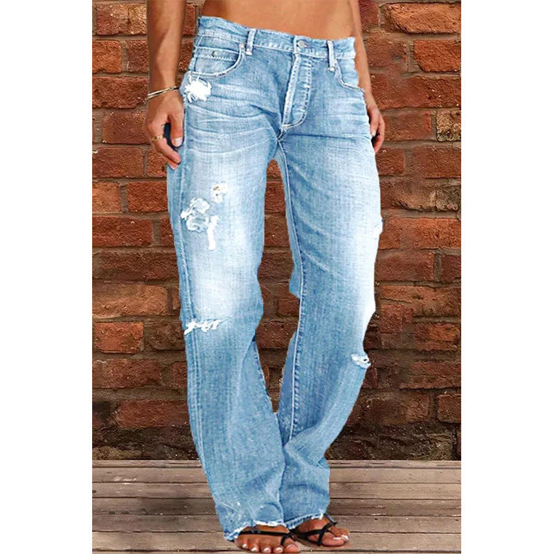 Women's Denim Trend Mid Waist Ripped Leisure Straight-leg Pants