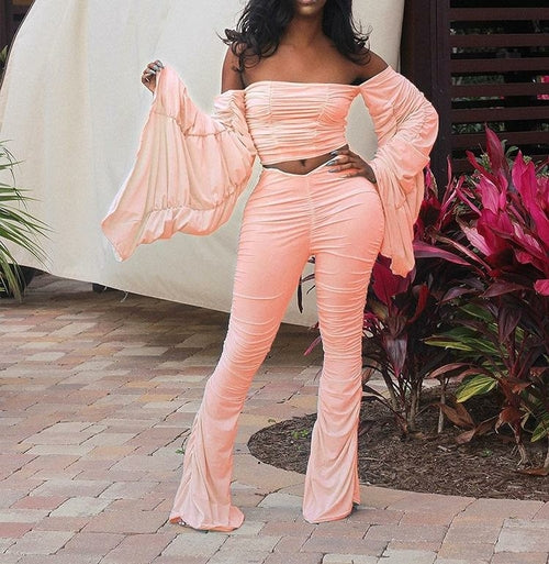 Off Shoulder Bandeau Long Sleeve Ruched Crop Top and Long Pants