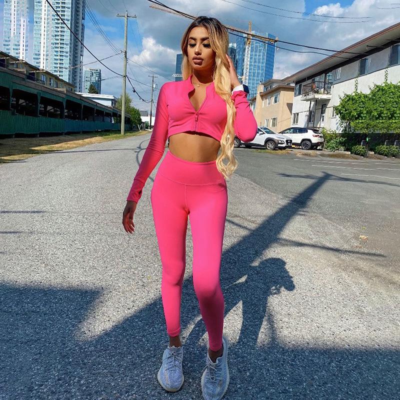 Finger Hole Solid Sporty 2 Piece Set Women Zipper Skinny Crop Top