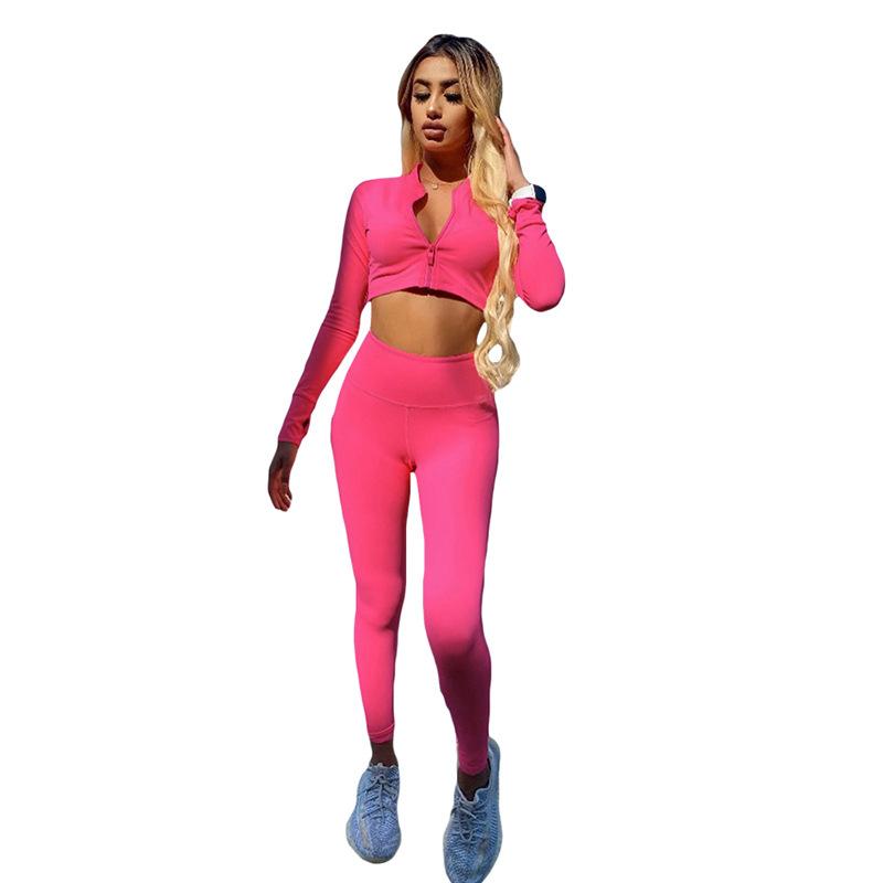 Finger Hole Solid Sporty 2 Piece Set Women Zipper Skinny Crop Top