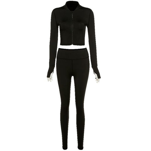 Finger Hole Solid Sporty 2 Piece Set Women Zipper Skinny Crop Top