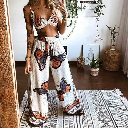 Casual Two Piece Set Women Top And Wide-leg Pants Sets Street Style