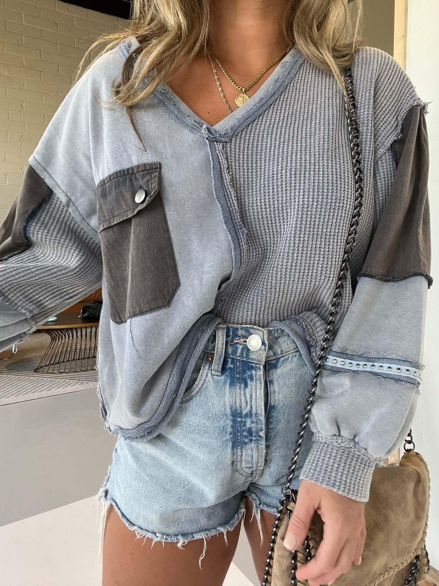 Short Denim Color Matching Casual Sweater For Women