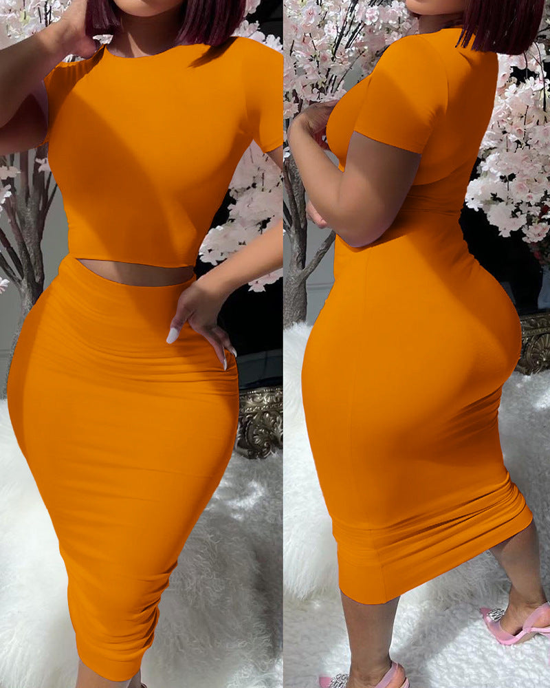 Solid Color Short Sleeve Top Suit Tight Midi Dress