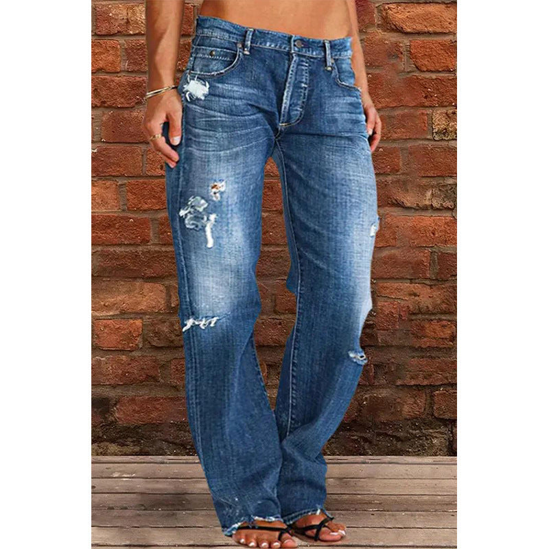 Women's Denim Trend Mid Waist Ripped Leisure Straight-leg Pants