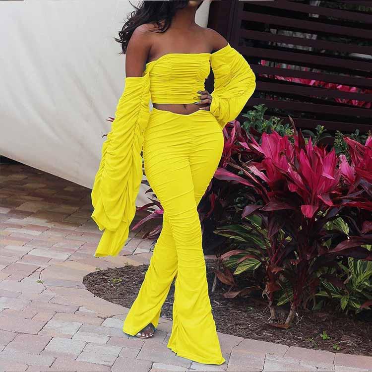 Off Shoulder Bandeau Long Sleeve Ruched Crop Top and Long Pants