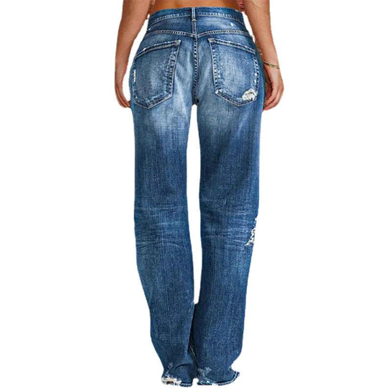 Women's Denim Trend Mid Waist Ripped Leisure Straight-leg Pants