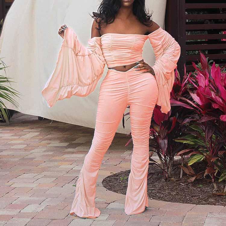 Off Shoulder Bandeau Long Sleeve Ruched Crop Top and Long Pants