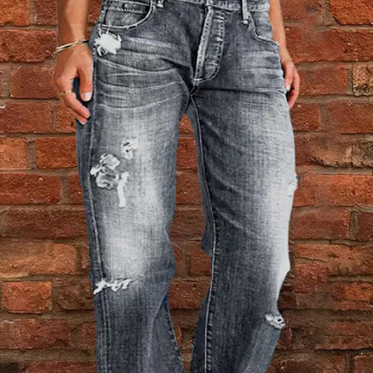 Women's Denim Trend Mid Waist Ripped Leisure Straight-leg Pants