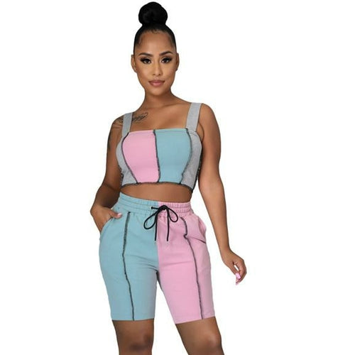 Casual Summer Two Piece Shorts Set Women Streetwear Clothing Crop Top