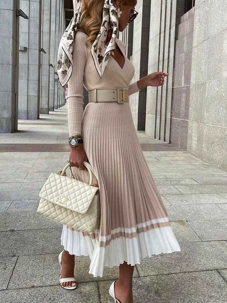 V-neck Long Sleeve Knitted Pleated Midi Dress