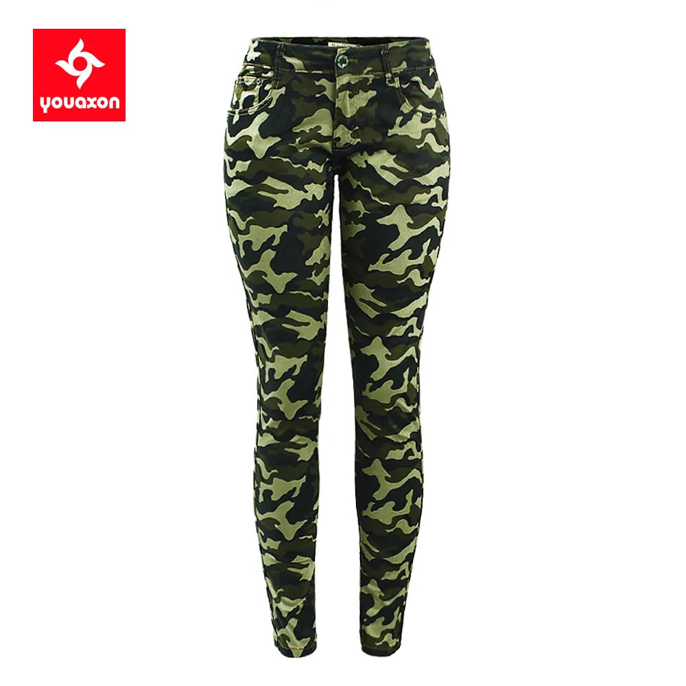 2019 Youaxon Women`s S-XXXXXL Chic Camo Army Green Skinny Jeans For Women Femme Camouflage Cropped Pencil Pants