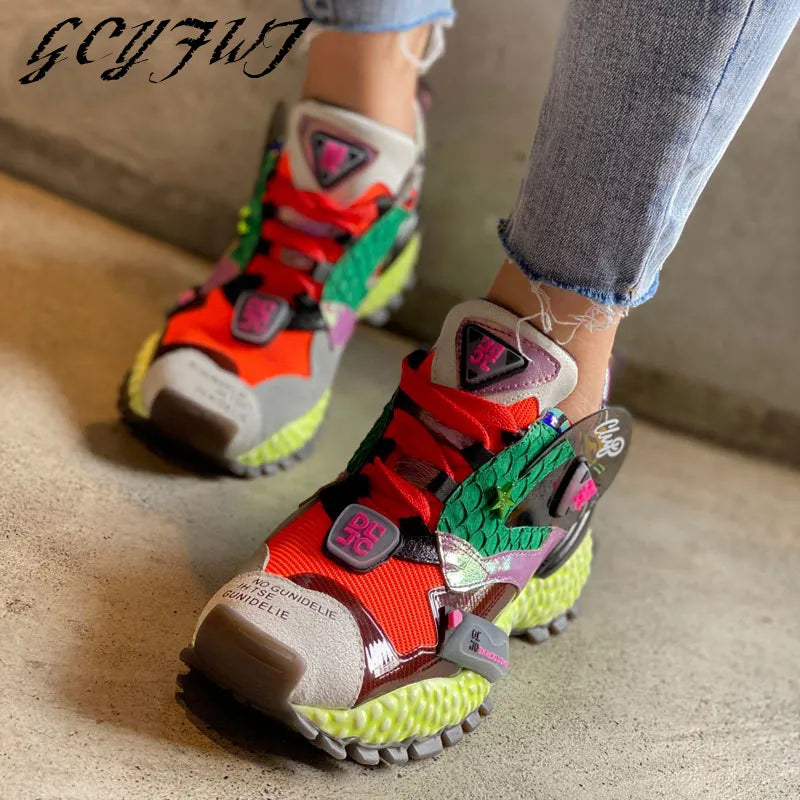 Women Sneakers Flat Platform Fish Skin Mesh Breathable And All-match Banquet Ladies Shoes Lace-Up Round Toe Shallow Buty Damskie