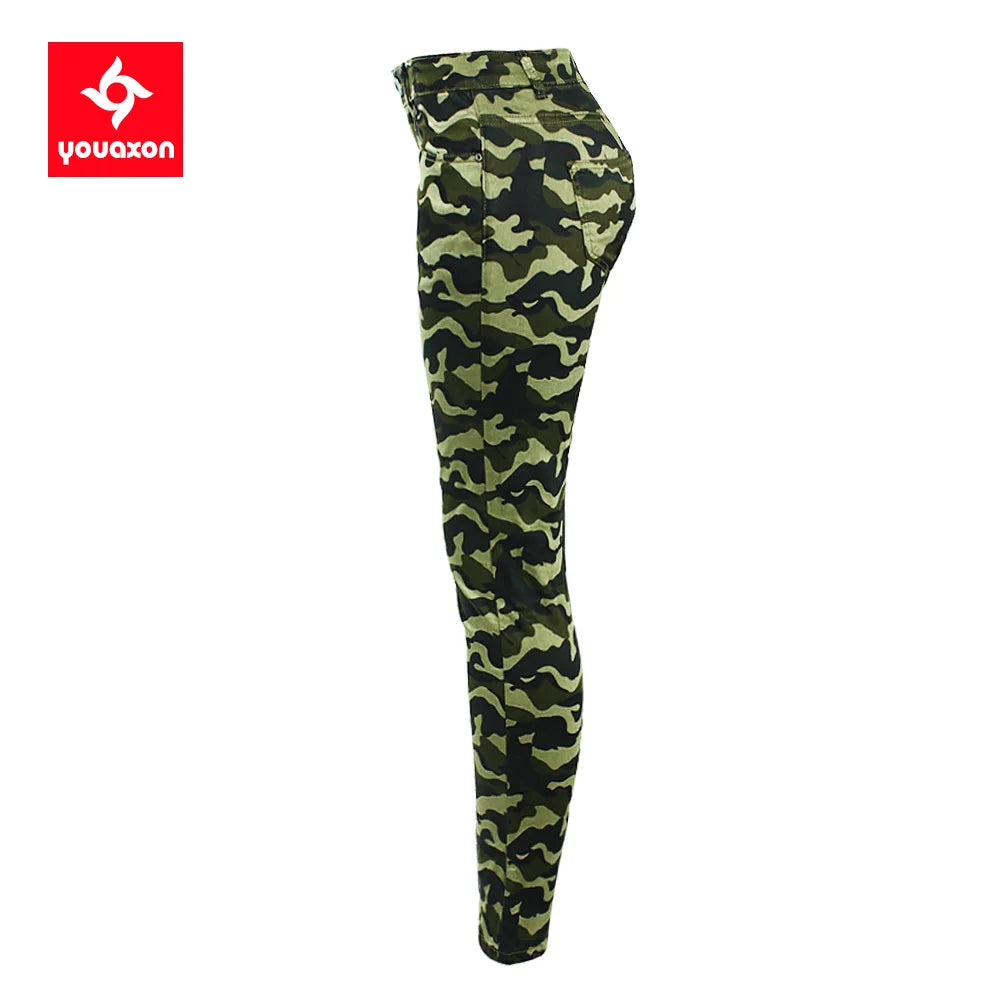 2019 Youaxon Women`s S-XXXXXL Chic Camo Army Green Skinny Jeans For Women Femme Camouflage Cropped Pencil Pants