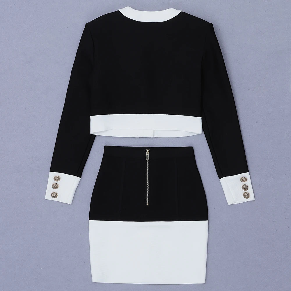 High Street Autumn Patchwork Black White O Neck Long Sleeves With Pockets Buttons Two Pieces Dress Women Sets