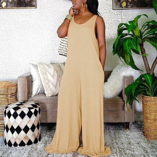 Women Plus Size Casual O-neck Sleeveless Wide Leg Jumpsuits