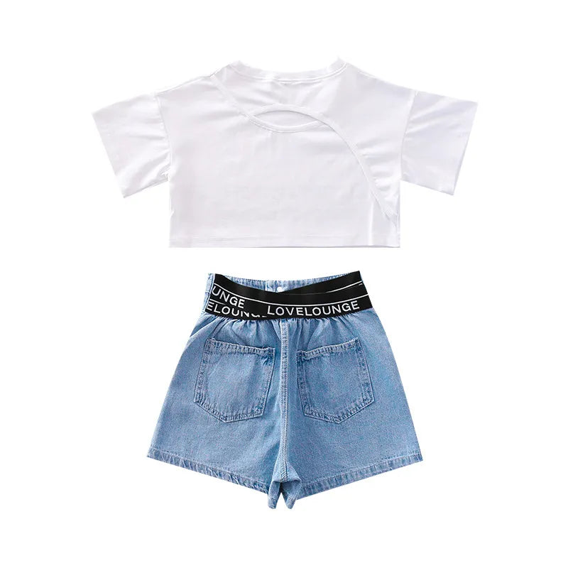 New Kids Girls Clothes Set Summer Girl Crop Tops T-shirt + Denim shorts 2pcs Girl Outfits Baby Girls Clothing 4 5 710 to 12 year