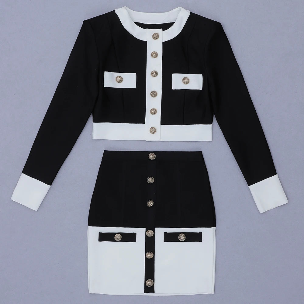 High Street Autumn Patchwork Black White O Neck Long Sleeves With Pockets Buttons Two Pieces Dress Women Sets