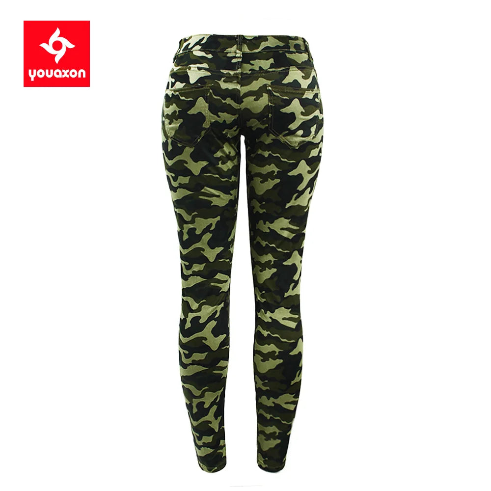 2019 Youaxon Women`s S-XXXXXL Chic Camo Army Green Skinny Jeans For Women Femme Camouflage Cropped Pencil Pants