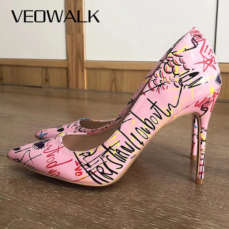 Veowalk Artistic Graffiti Print Women Sexy Stiletto High Heels Pink