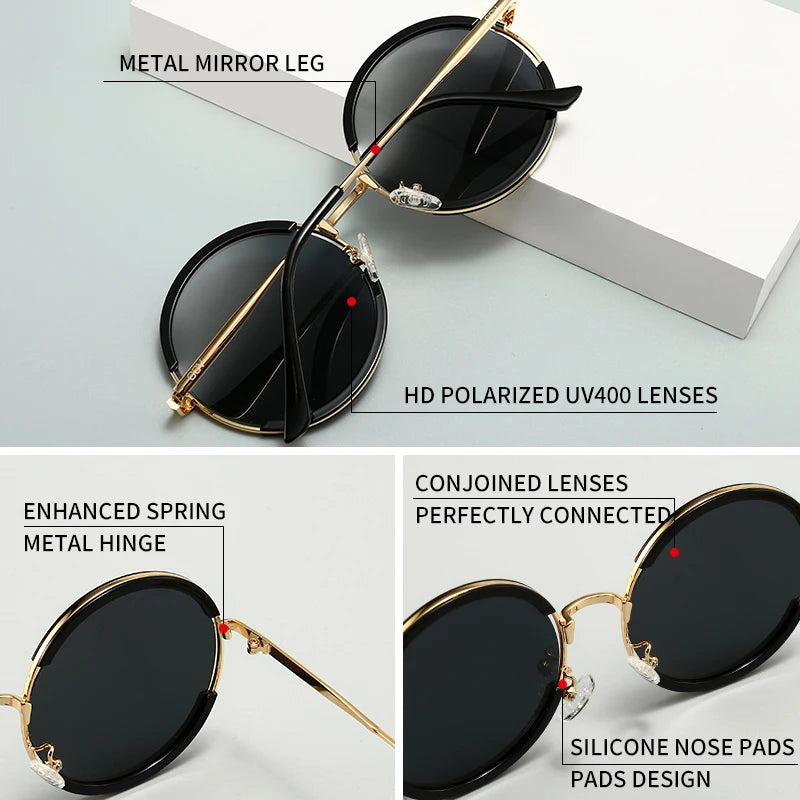 Women Female Gorgeous Sunglasses Round Frame Glasses Fashion Punk Style New Metal Polarized