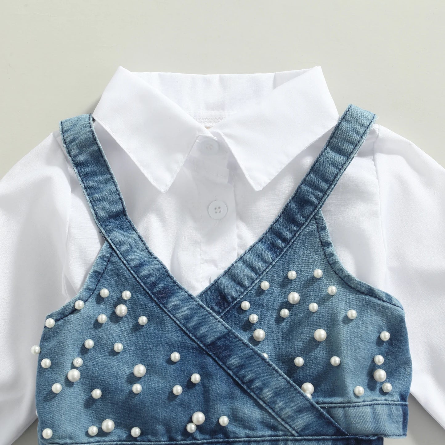 Girl Clothes Solid Color Long Sleeve Shirt Denim Beading Vest Outfits Kids