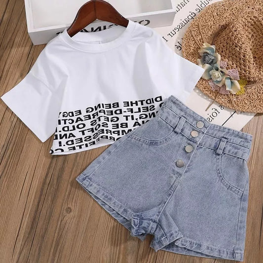 New Kids Girls Clothes Set Summer Girl Crop Tops T-shirt + Denim shorts 2pcs Girl Outfits Baby Girls Clothing 4 5 710 to 12 year