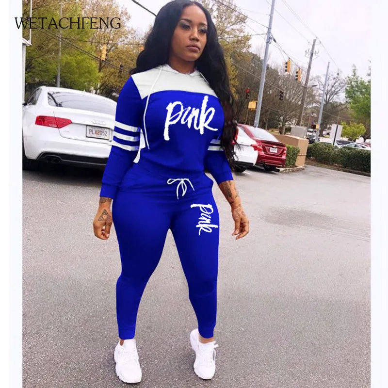 Fashion Pink Letter Print Tracksuits Women Two Piece Set Spring t-shirt Tops and Pants Jogger Set Suits