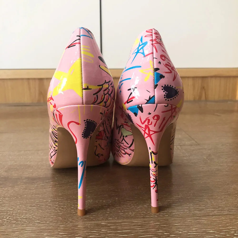 Veowalk Artistic Graffiti Print Women Sexy Stiletto High Heels Pink