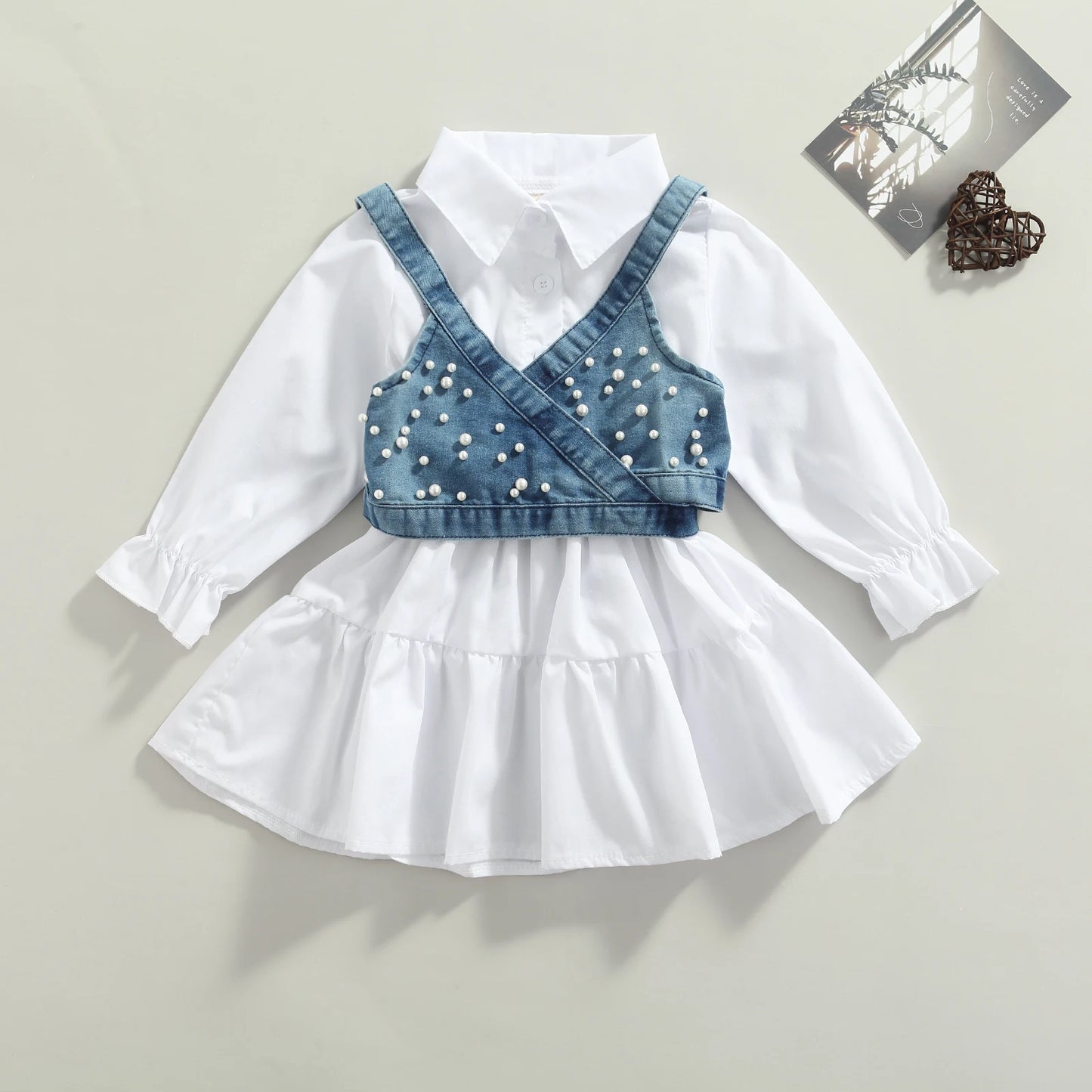 Girl Clothes Solid Color Long Sleeve Shirt Denim Beading Vest Outfits Kids