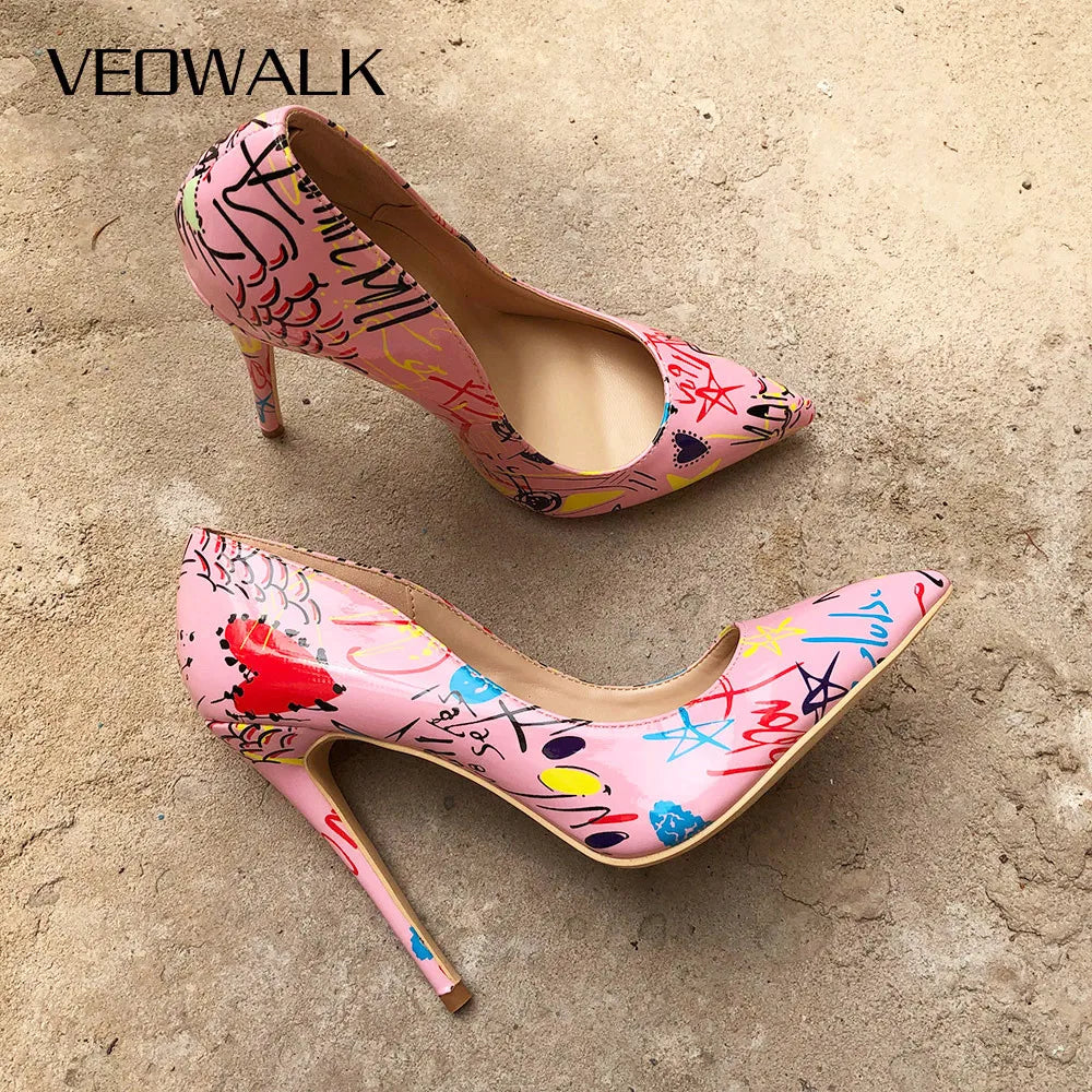 Veowalk Artistic Graffiti Print Women Sexy Stiletto High Heels Pink