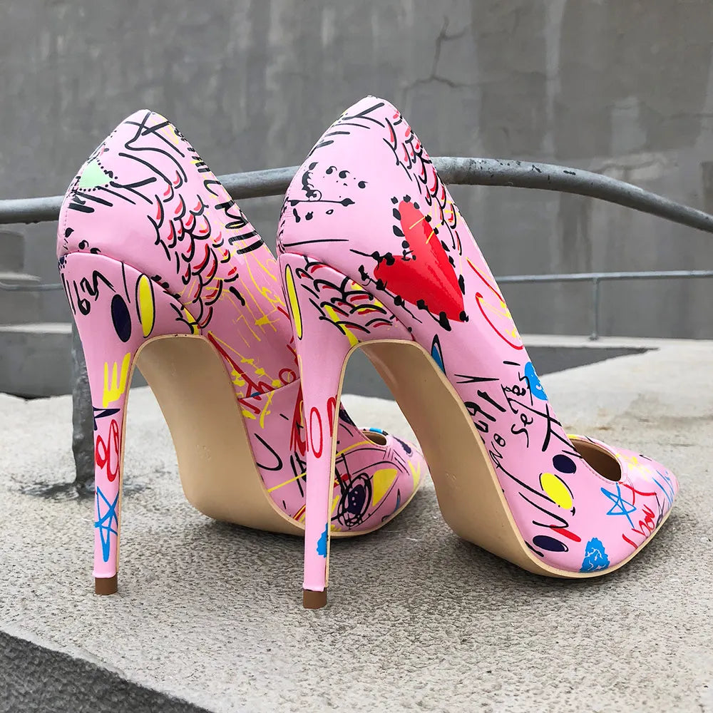 Veowalk Artistic Graffiti Print Women Sexy Stiletto High Heels Pink