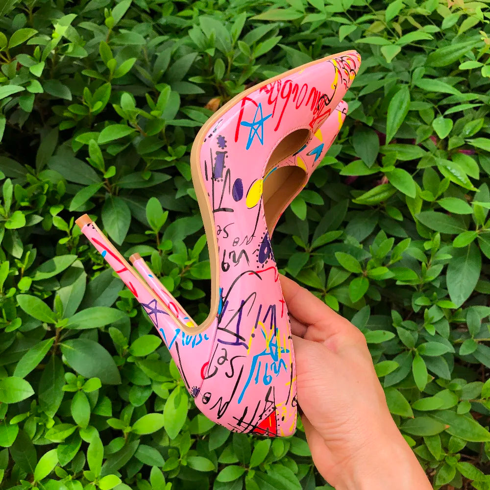 Veowalk Artistic Graffiti Print Women Sexy Stiletto High Heels Pink