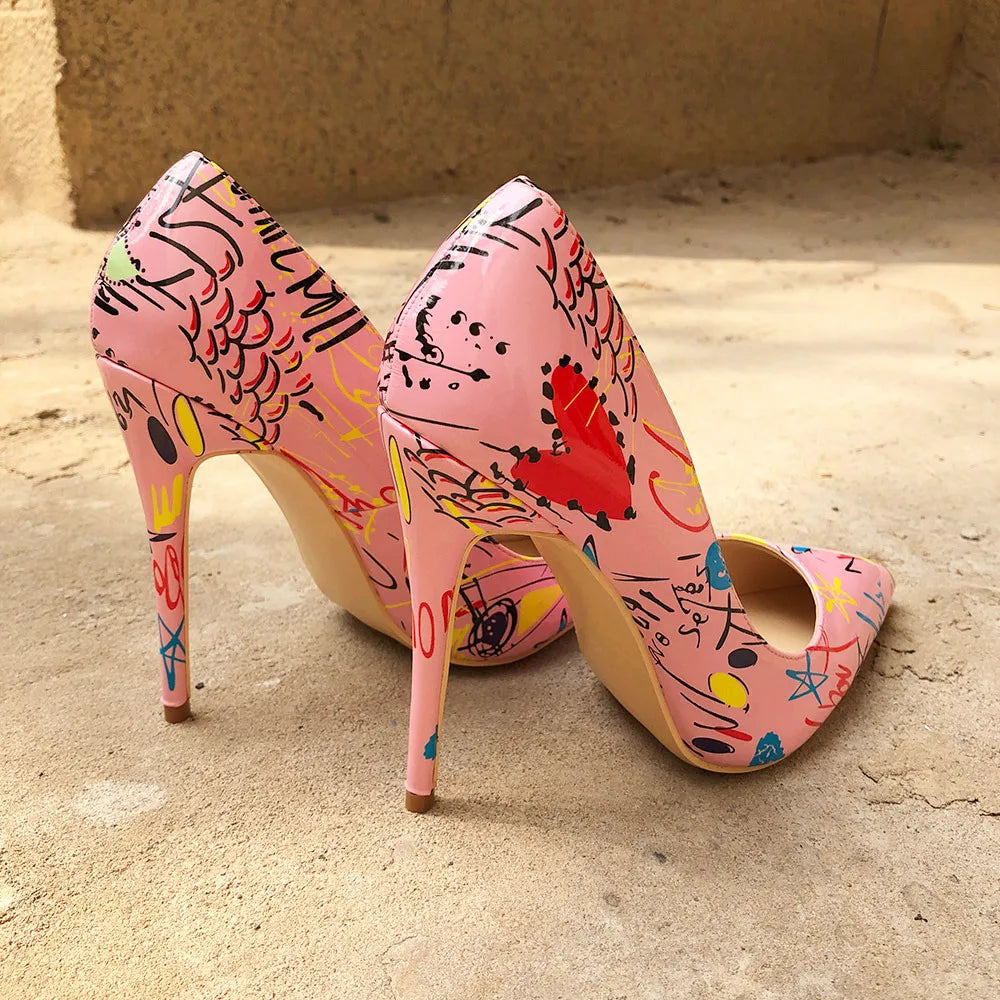 Veowalk Artistic Graffiti Print Women Sexy Stiletto High Heels Pink