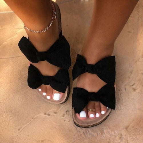 Women Slides 2 Straps Comfy Bow Slide Sandals Black