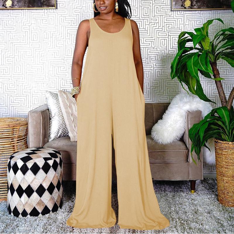 Women Plus Size Casual O-neck Sleeveless Wide Leg Jumpsuits