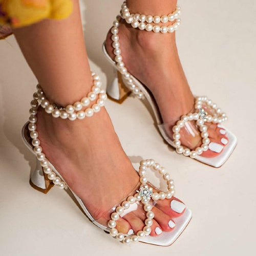 Luxury Pearls Rhinestones Bowknot Sandals High heels Ankle Strap