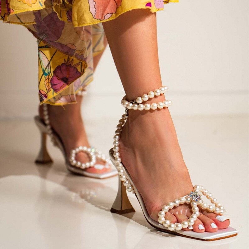 Luxury Pearls Rhinestones Bowknot Sandals High heels Ankle Strap