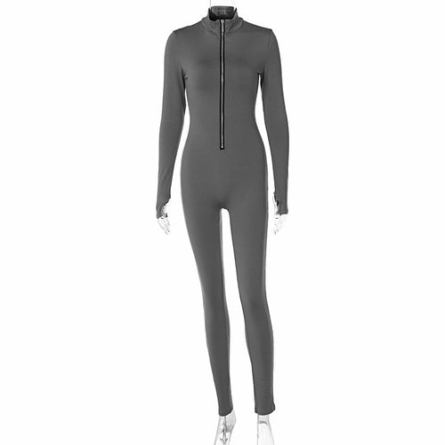 Solid Color Long Sleeve Zipper Waist Slimming Sport Yoga Jumpsuit Women