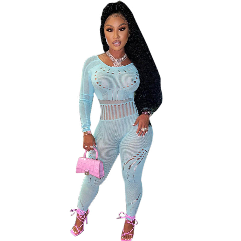 long-sleeved tight-fitting hollow perspective jumpsuit Women