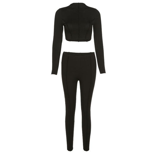 Solid Sporty Two Piece Set Women Half High Collar Skinny Crop Top