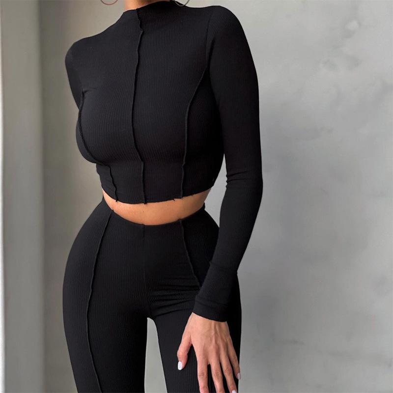 Solid Sporty Two Piece Set Women Half High Collar Skinny Crop Top