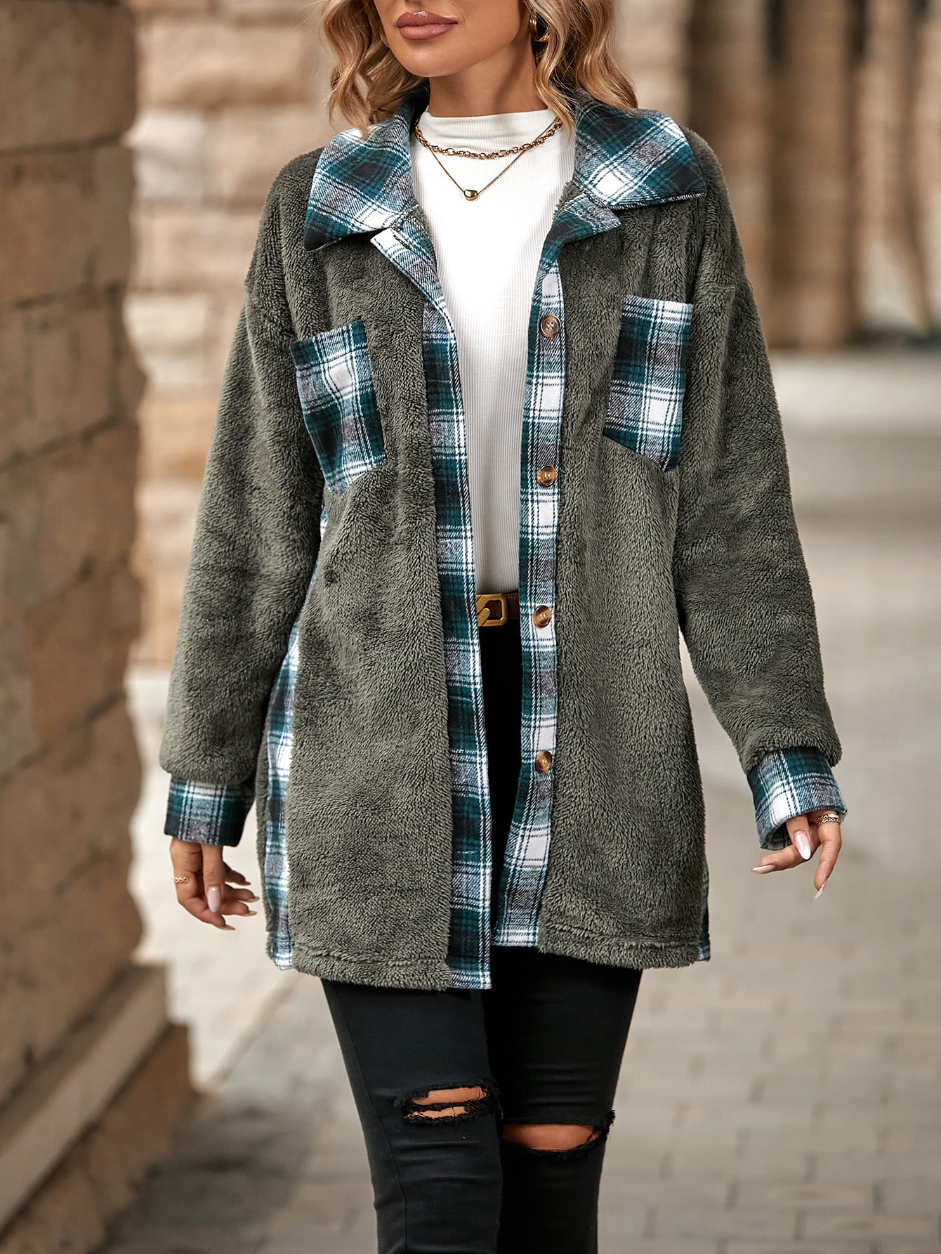 Women's Fashion Single-breasted Lapel Mid-length Plaid Plush Coat